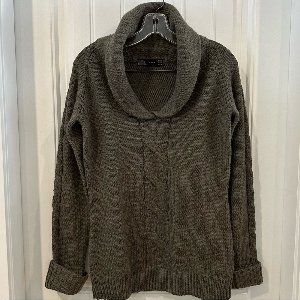 Zara Green Wool Alpaca Sweater Women’s Large Shawl Collar - Picture 7 of 14
